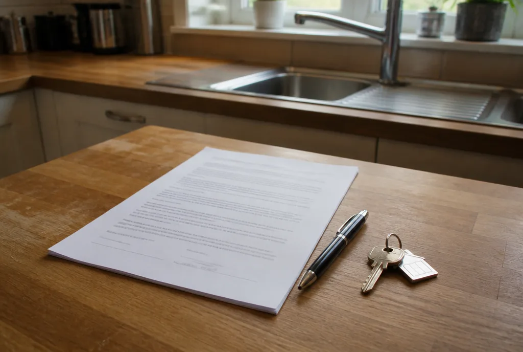 A landlord and a letting agent talking across a table in a small rented sitting room