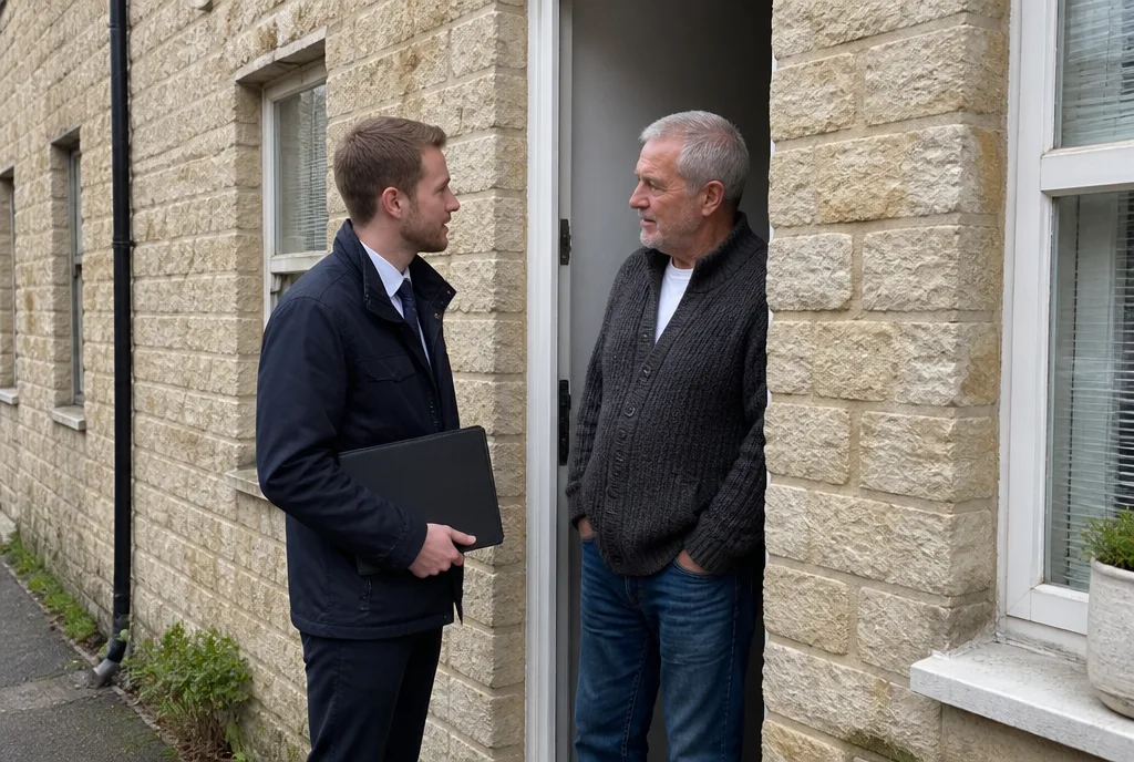 A letting agent and a landlord standing in the doorway of a small stone rental house, talking