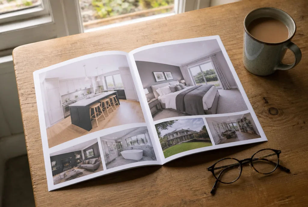 A printed property brochure lying open on a table beside a mug and a pair of glasses