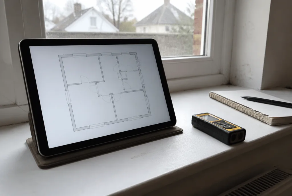 A measured floorplan drawing on a tablet screen resting on a windowsill