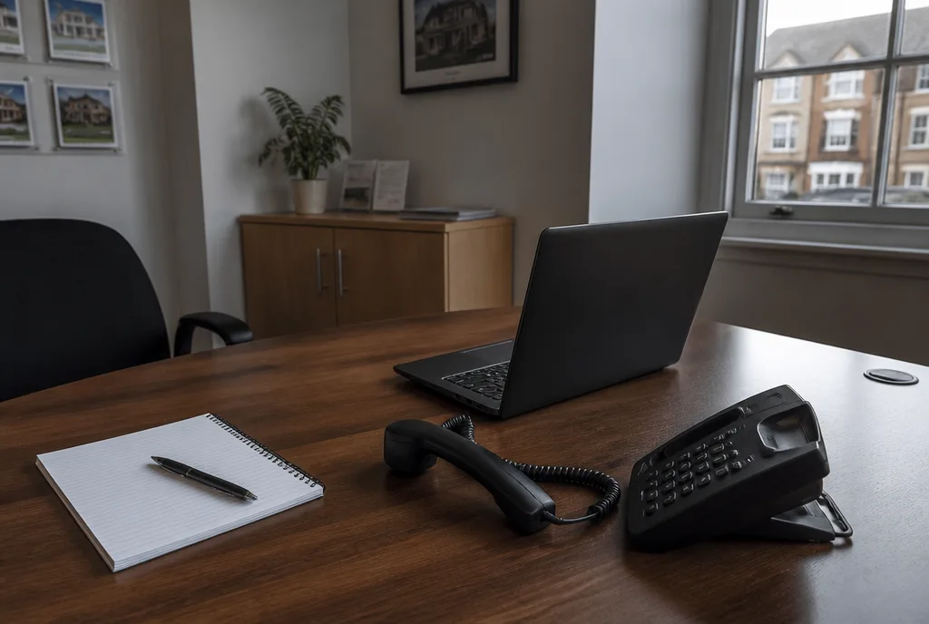 An office desk with a laptop showing a list of registered buyers and a telephone