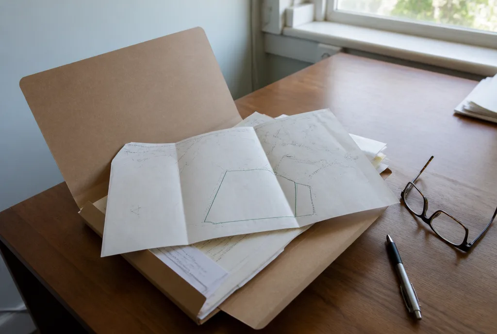 A folder of property paperwork including a title plan open on a desk