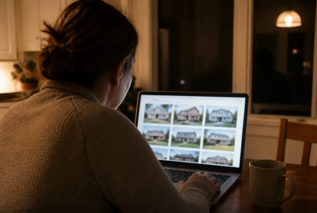 A laptop on a kitchen table showing a property search results page, seen over a shoulder