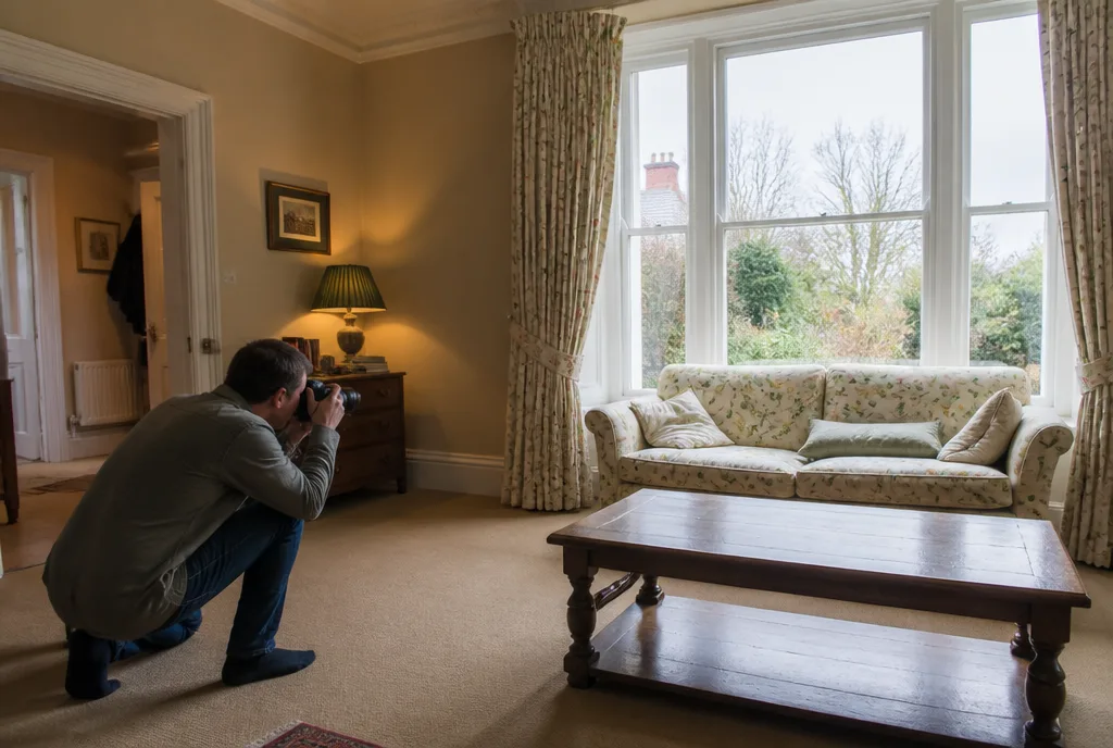 A photographer adjusting a tripod in a bright sitting room with the curtains pulled back
