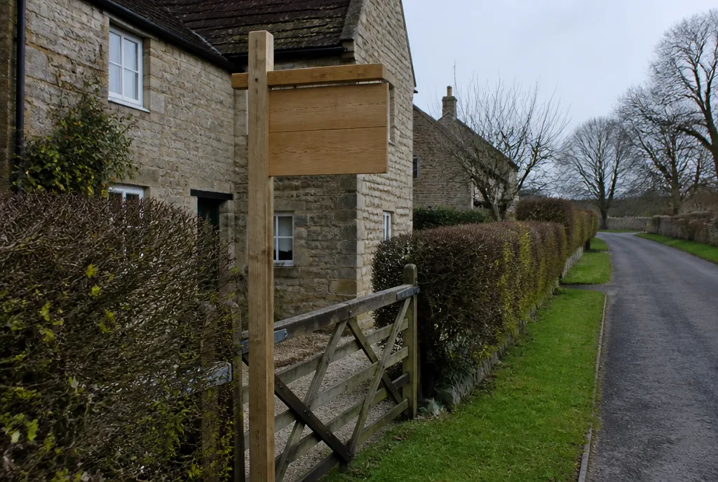 A sold board post standing at the gate of a stone house on a village lane under a pale sky