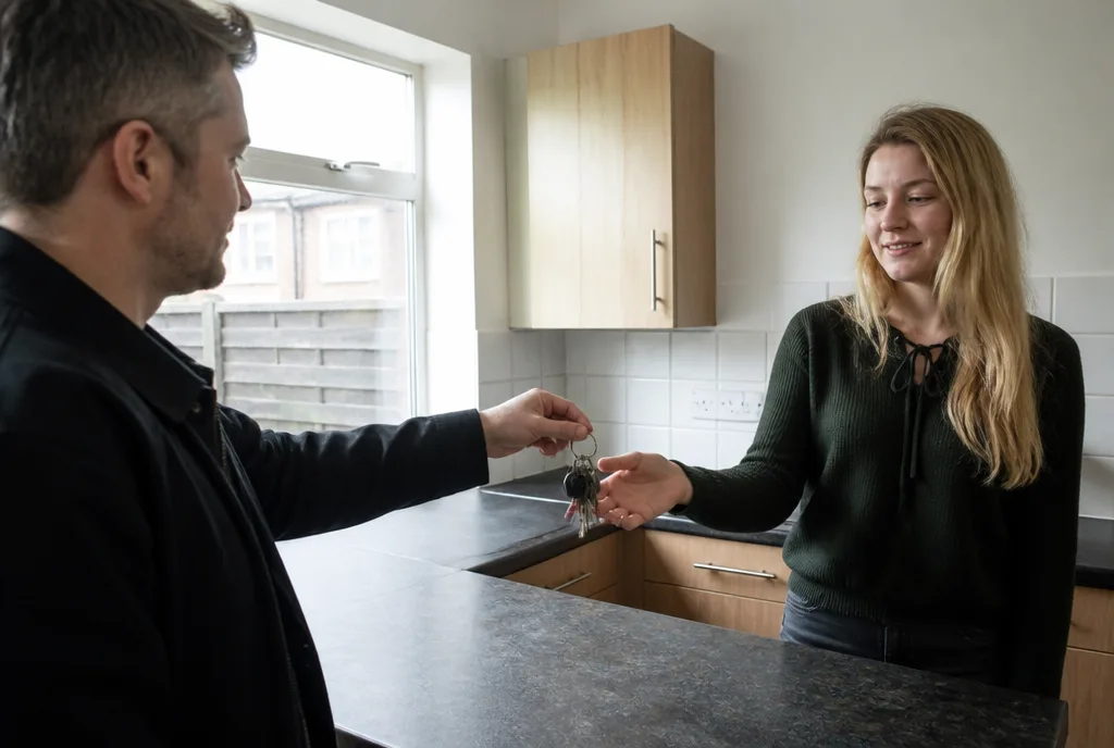 A tenant taking a set of keys across a kitchen worktop from a letting agent