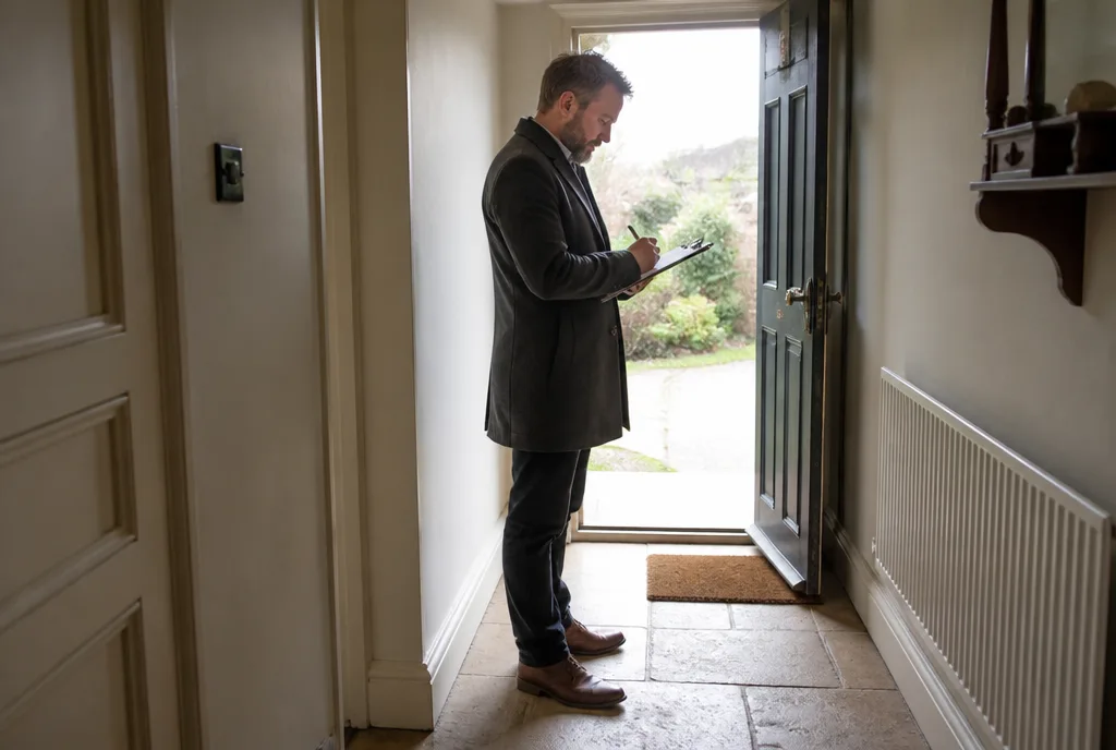 A valuer standing in a stone-floored hallway making notes on a clipboard beside an open front door