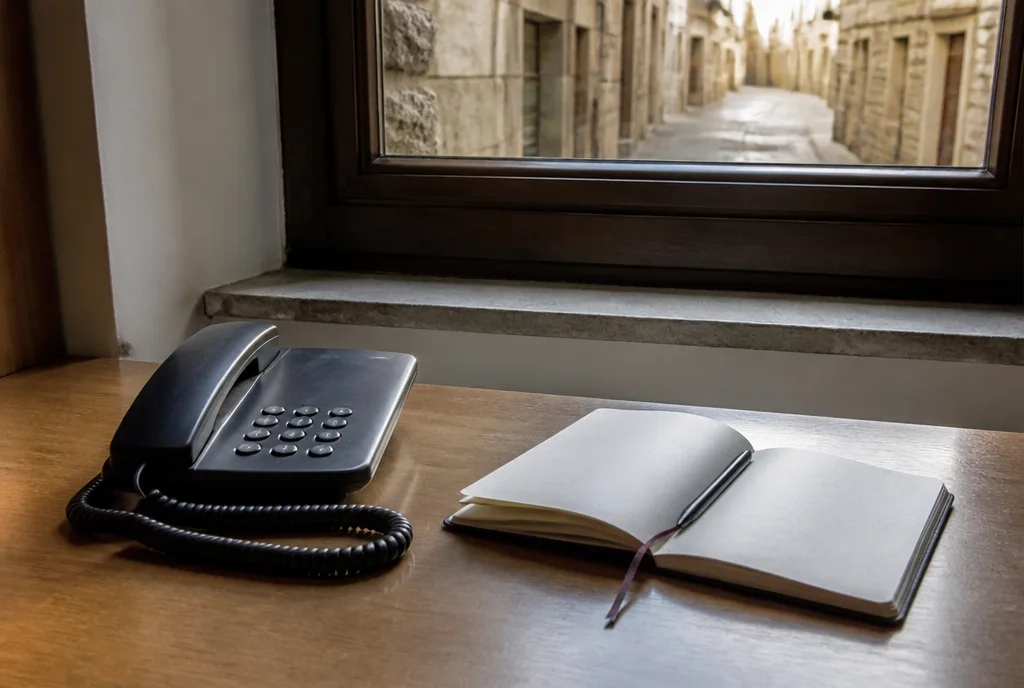 A telephone and a notebook on a desk beside a window in an office
