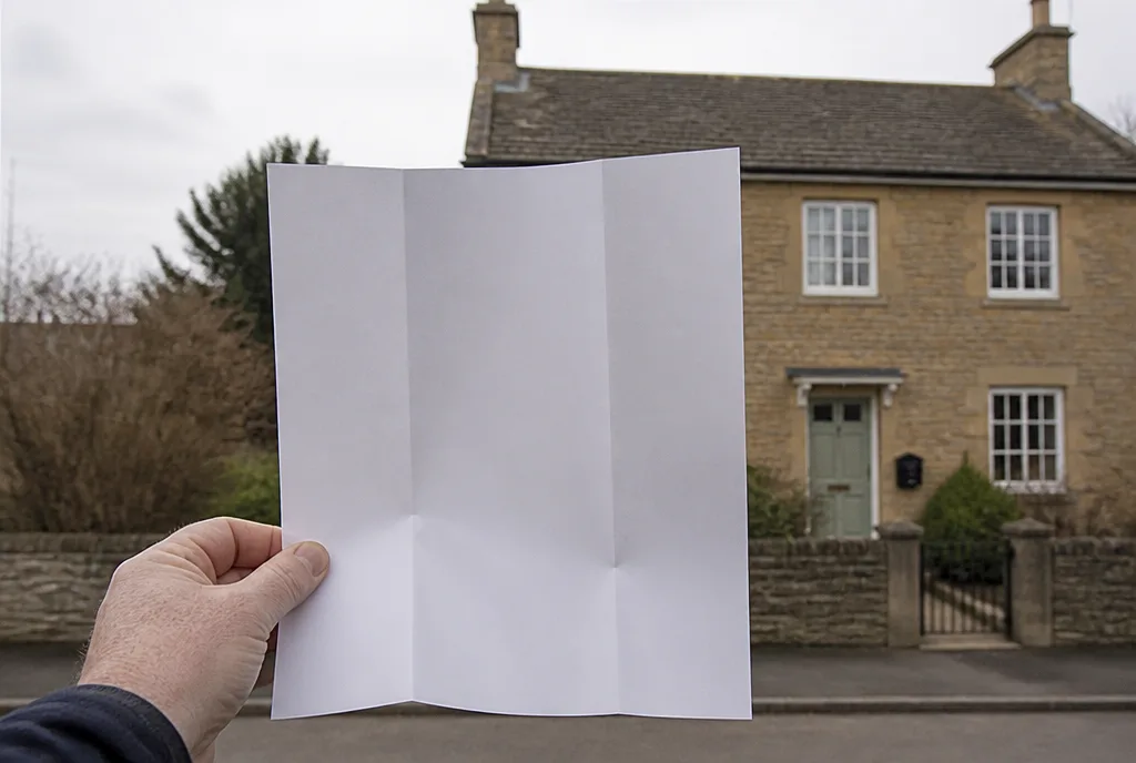 A printed property particulars sheet held up in front of a stone house