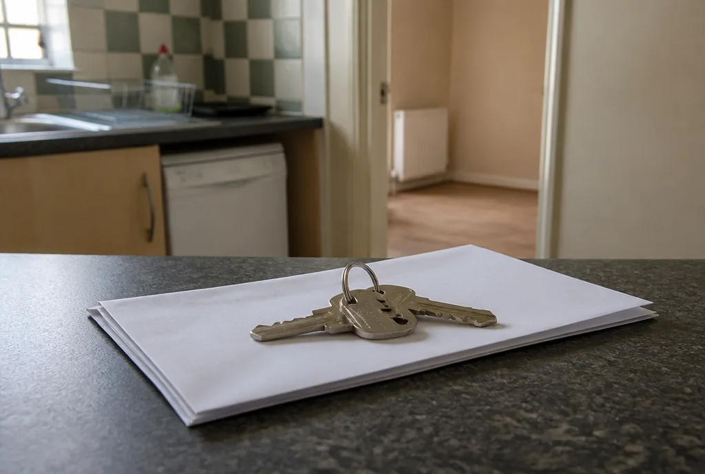 A tenancy agreement and a set of keys on a kitchen worktop in a rented house