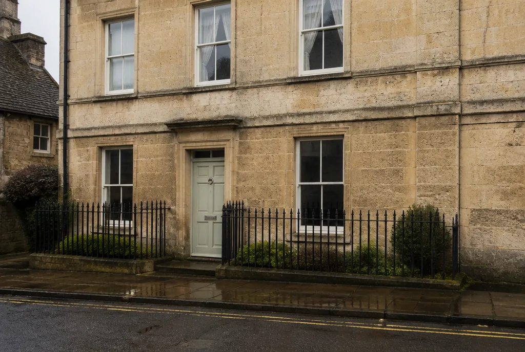 A stone house on a Stamford street with a wet pavement and pale morning sky