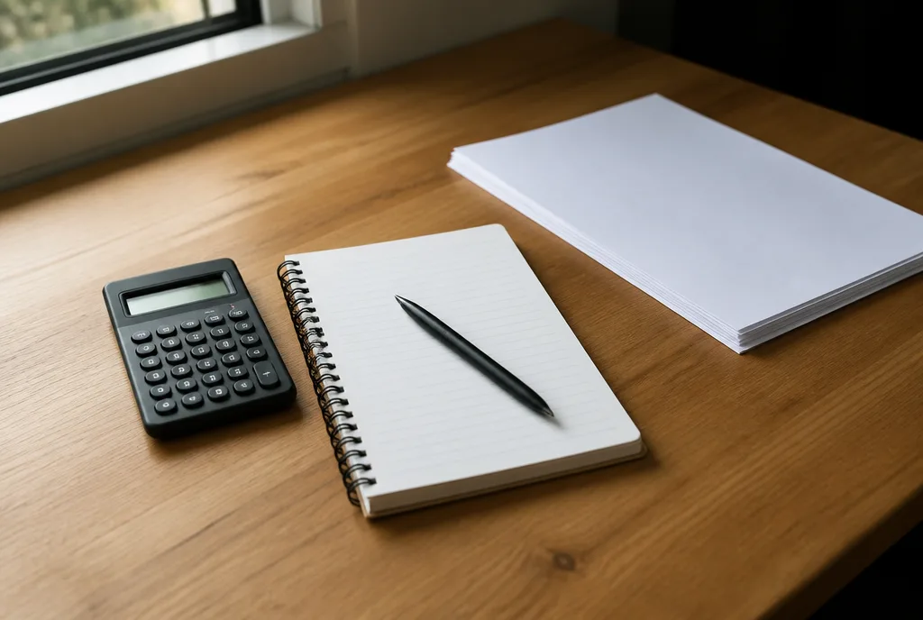 A notebook, calculator and pen on a desk beside a printed property listing