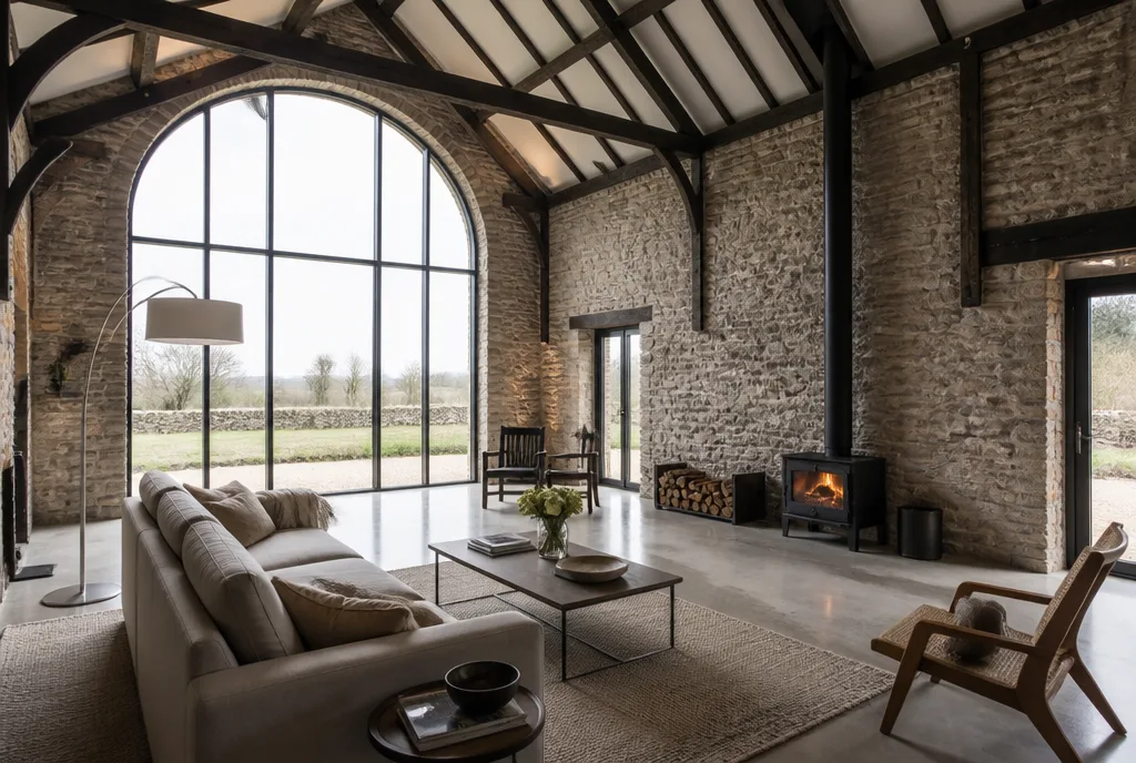 The double-height living space inside the Barnack barn with exposed roof trusses and the glazed arch