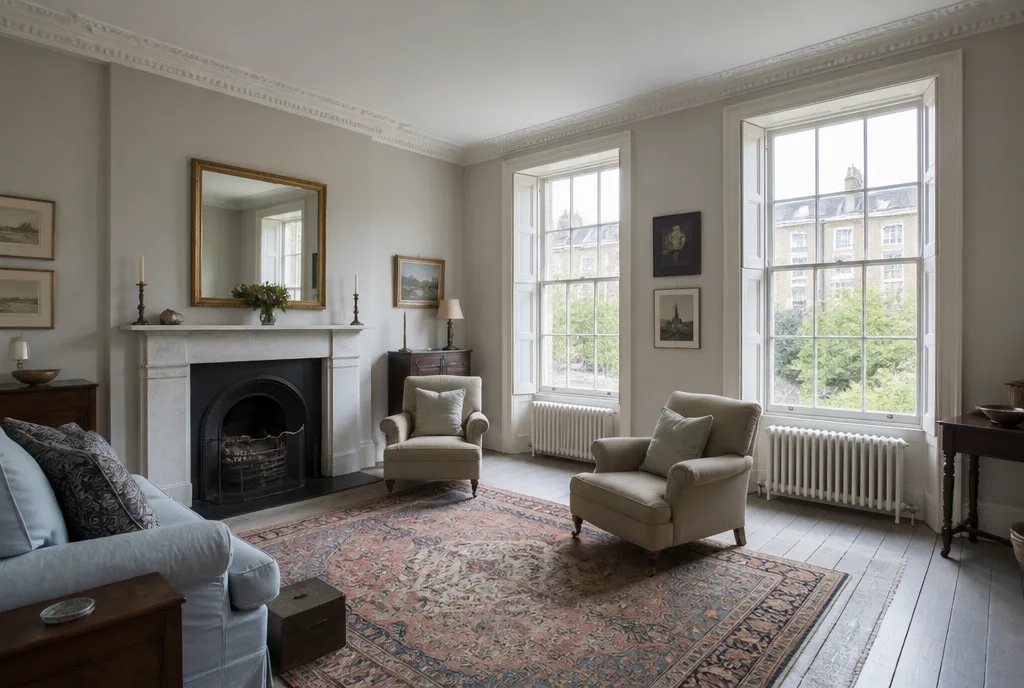 The drawing room of the Barn Hill townhouse with a marble fireplace, shuttered sash windows and a worn Persian rug