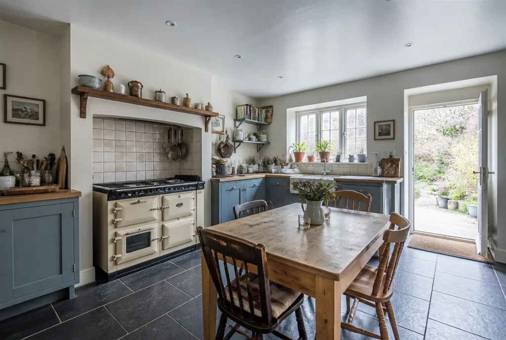 The kitchen at Barn Hill with a range cooker set into the old chimney breast and a scrubbed pine table