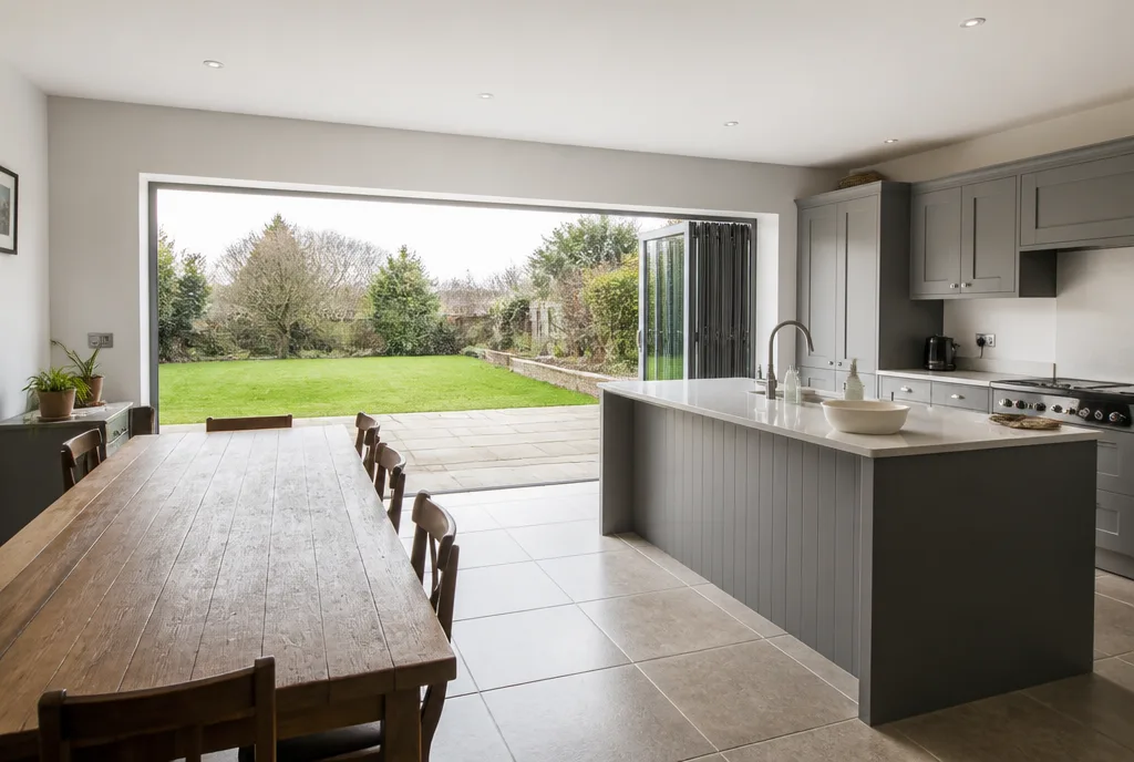 The kitchen and dining room at Empingham with bifold doors open onto a terrace
