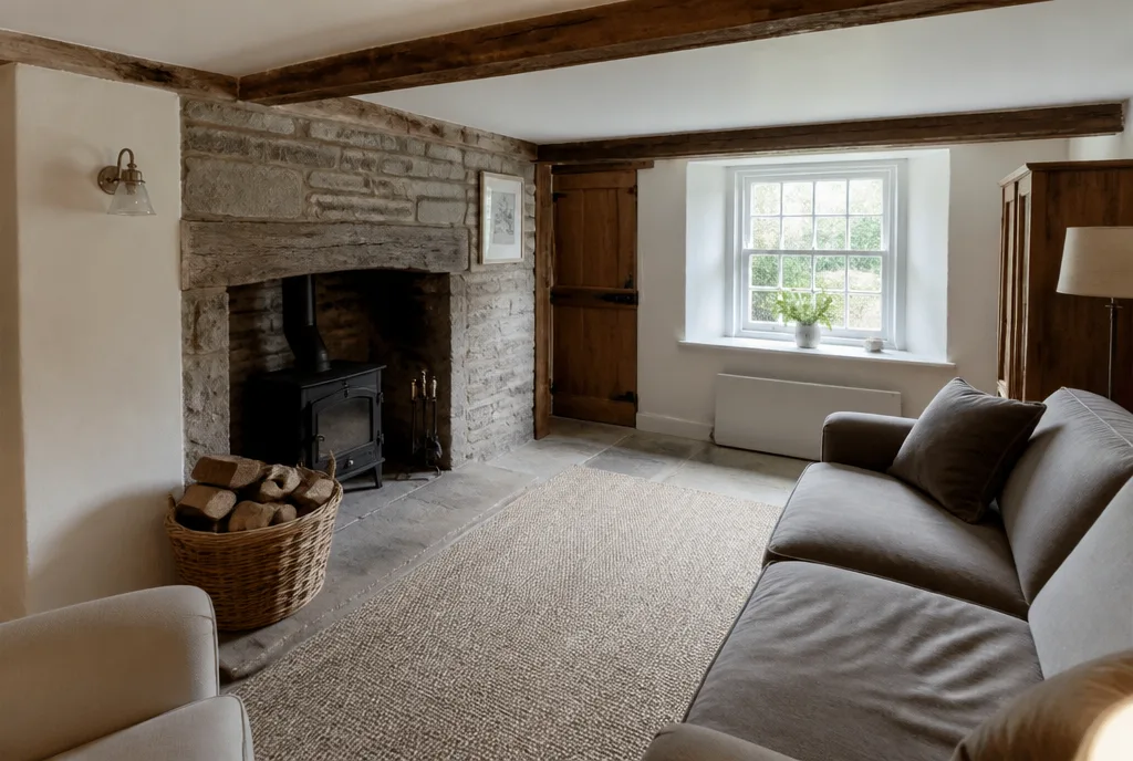 The sitting room of the Ketton cottage with a wood-burning stove in a stone inglenook and beams overhead