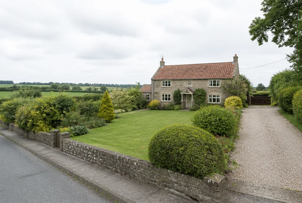 A stone cottage with a pantile roof set behind a long front garden on a village lane at Uffington