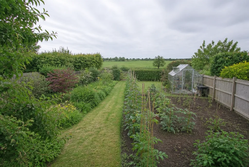 The long rear garden at Uffington with a vegetable bed, greenhouse and open fields beyond the hedge