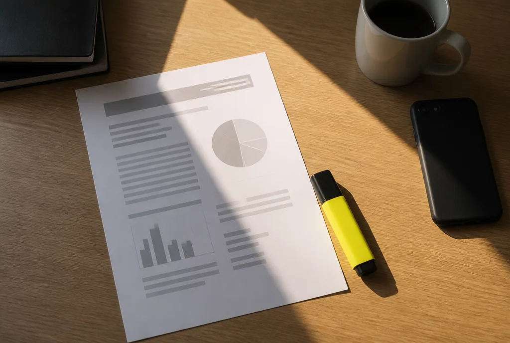 A desk with a laptop, a printed sales memorandum and a mug, mid-afternoon