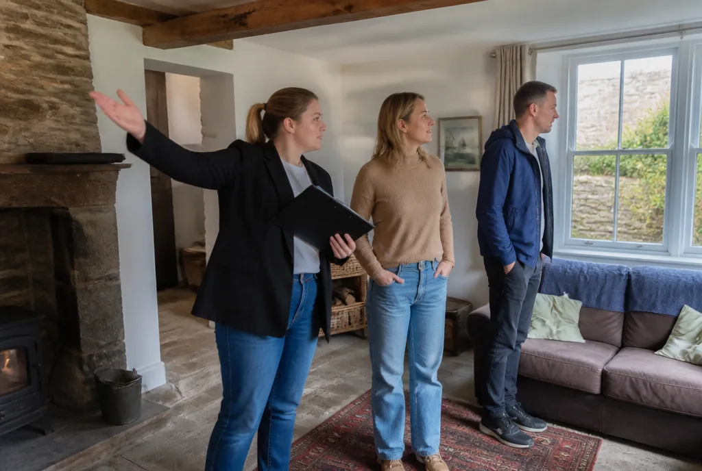 An agent showing a couple into the sitting room of a stone house during a viewing
