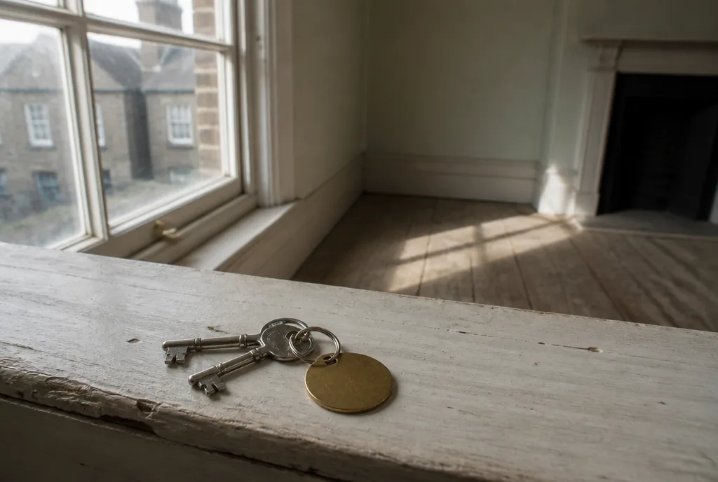 A pair of house keys with a brass fob resting on a sunlit windowsill in an empty period room