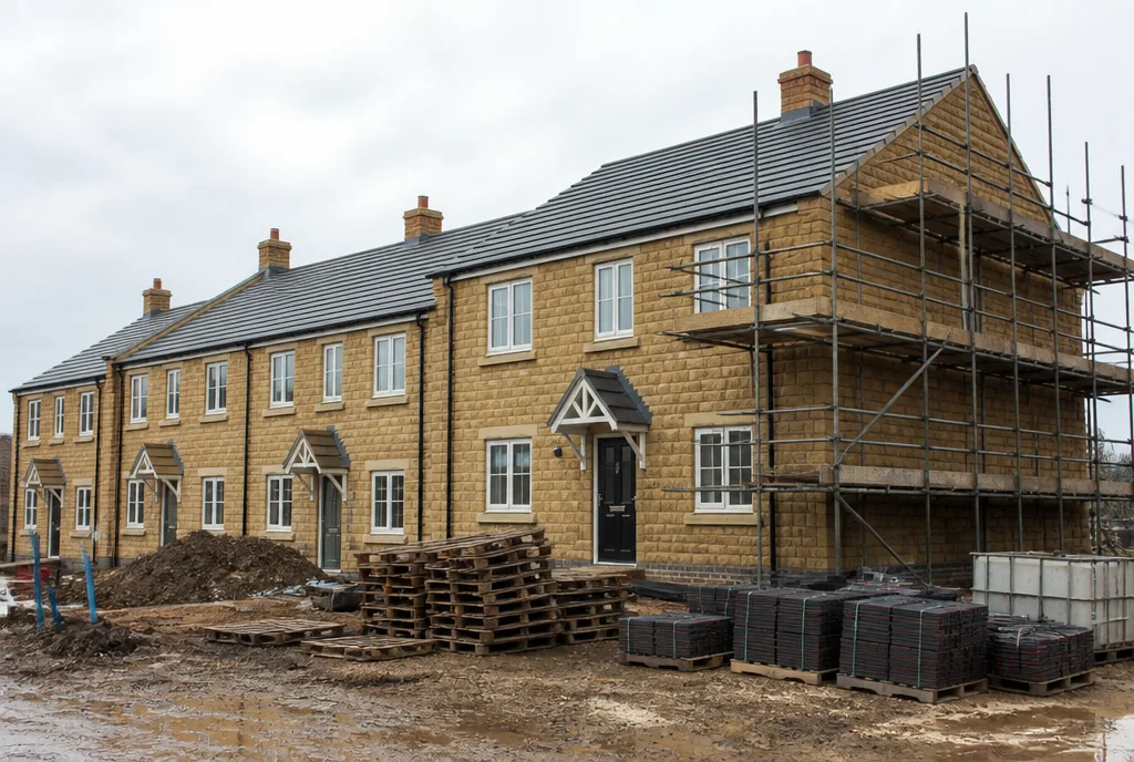 A small terrace of new stone-faced houses under construction with scaffolding on the end plot