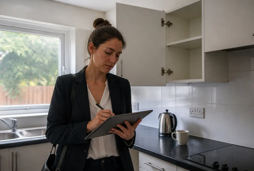A lettings agent making notes on a tablet during an inspection in a small rented kitchen