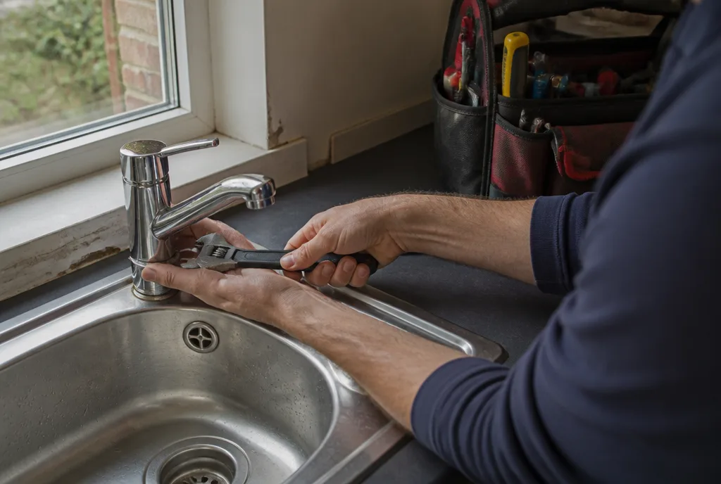 A plumber’s hands fitting a new tap under a kitchen sink in a rented house