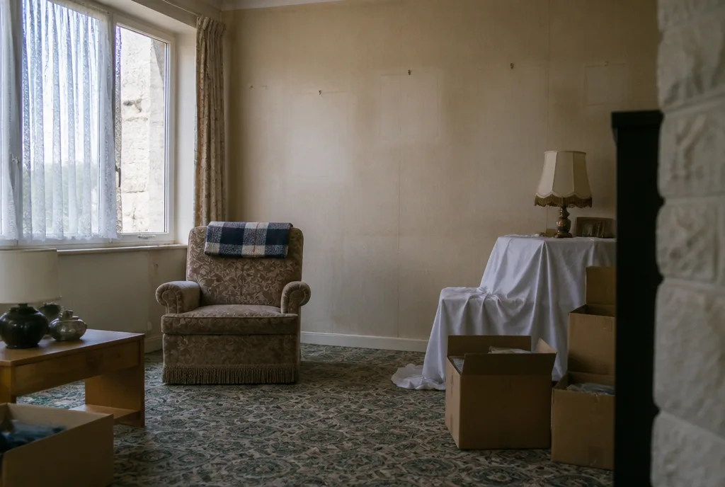 A quiet half-cleared sitting room in an older stone house with an armchair and packing boxes
