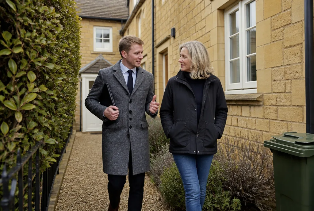 An estate agent walking up the path of a stone house beside the owner, clipboard under one arm