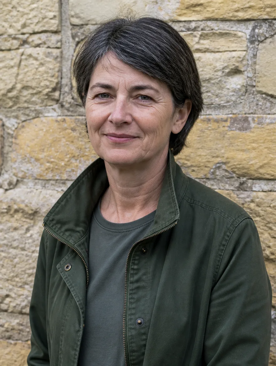 Anna Welland, co-founder of Welland & Rook, a woman in her early fifties with short grey-streaked hair and a dark green jacket, photographed against a limestone wall