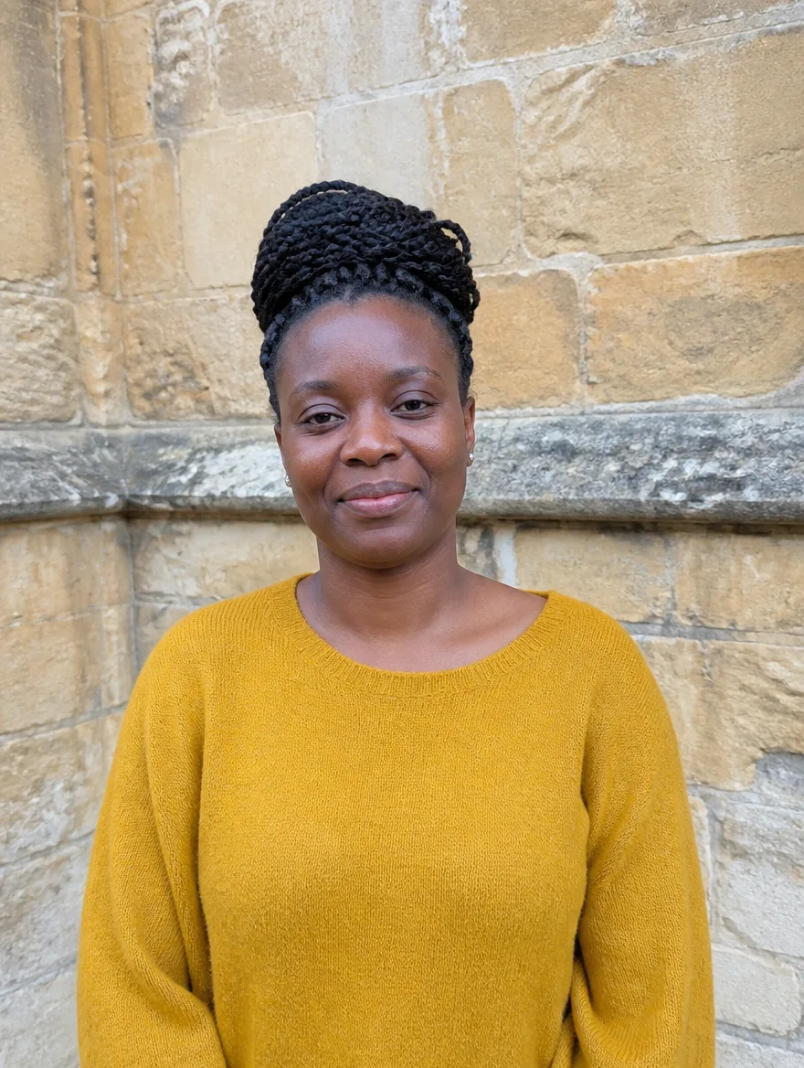 Delia Okonkwo, property manager, a woman in her thirties in a mustard jumper, photographed against a limestone wall