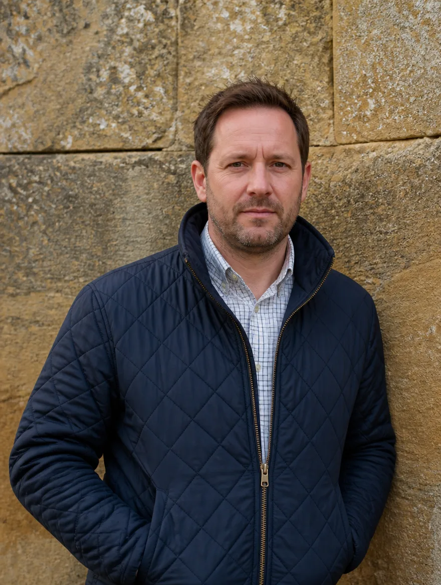 Gareth Dowsett, branch manager in Oakham, a man in his forties in a navy quilted jacket, photographed against a limestone wall