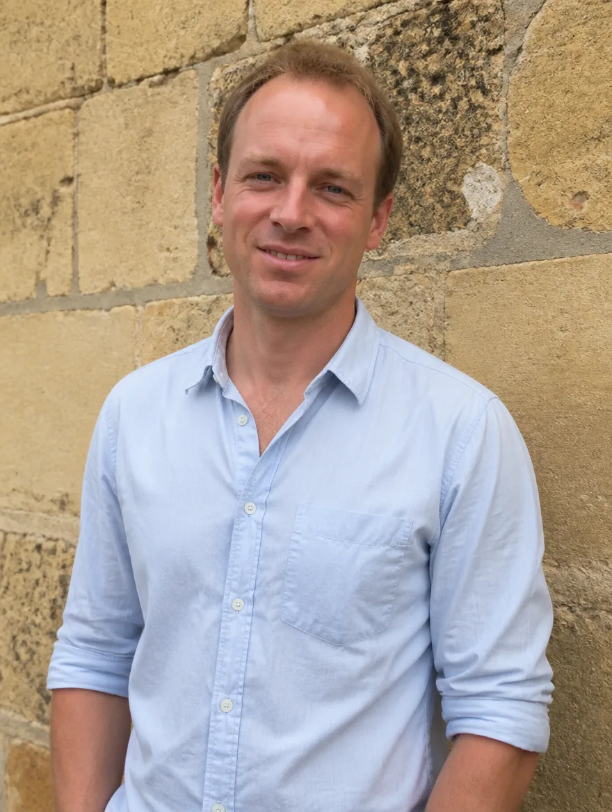 Joe Fenwick-Hart, sales progressor, a man in his thirties in a light blue shirt, photographed against a limestone wall