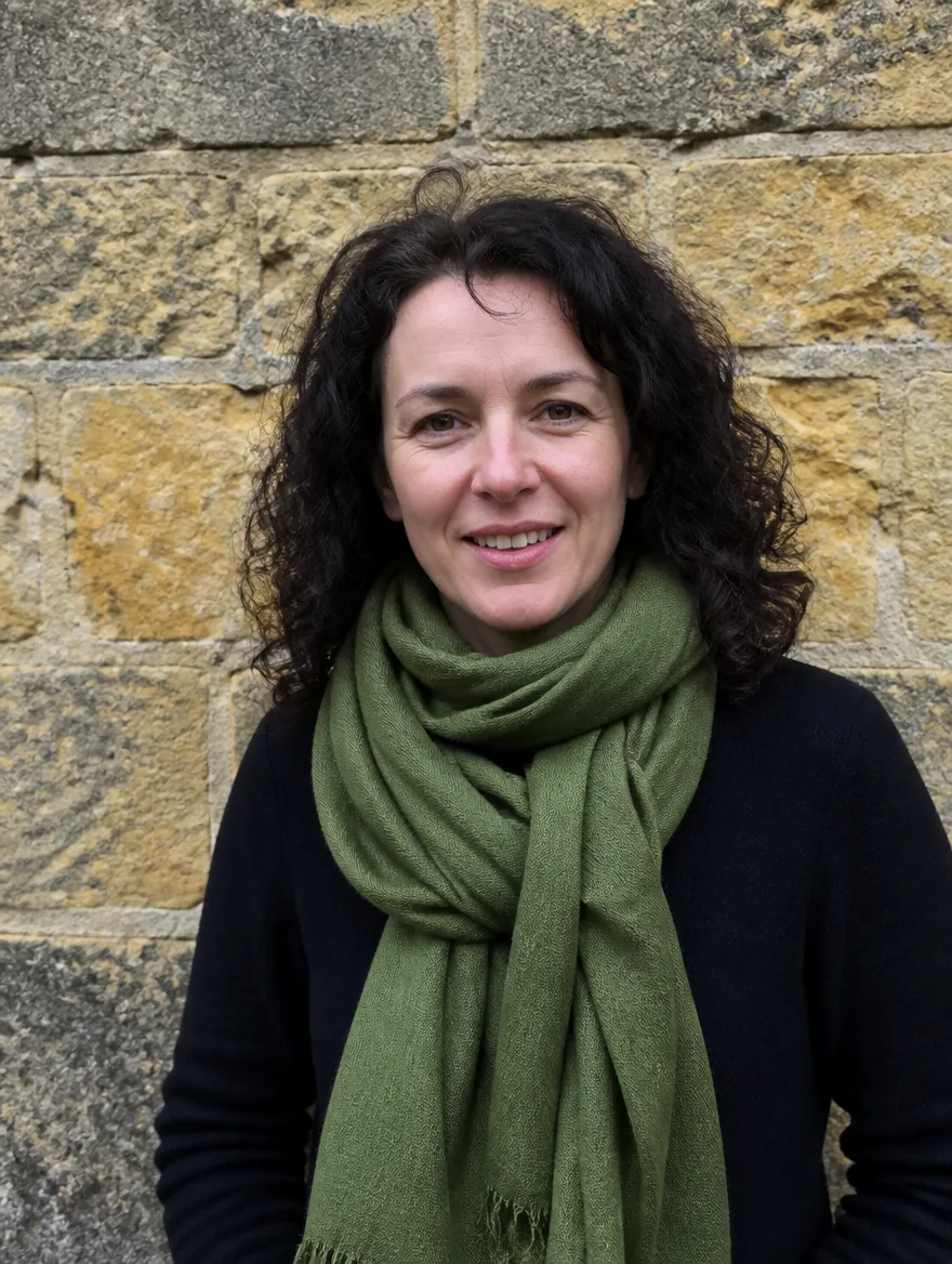 Marianne Ellis, lettings manager, a woman in her forties with dark curly hair and a green scarf, photographed against a limestone wall