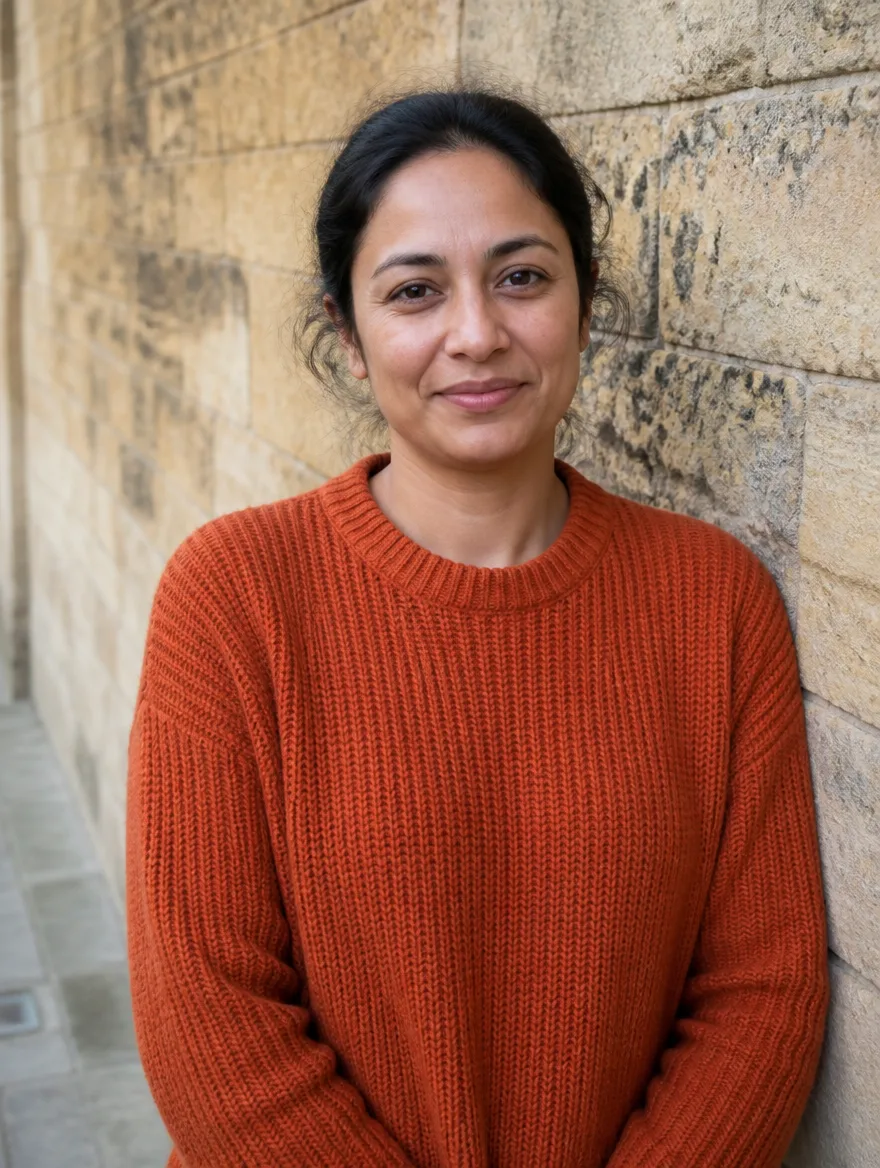 Priya Raghunathan, sales manager, a woman in her late thirties in a rust-coloured jumper, photographed against a limestone wall