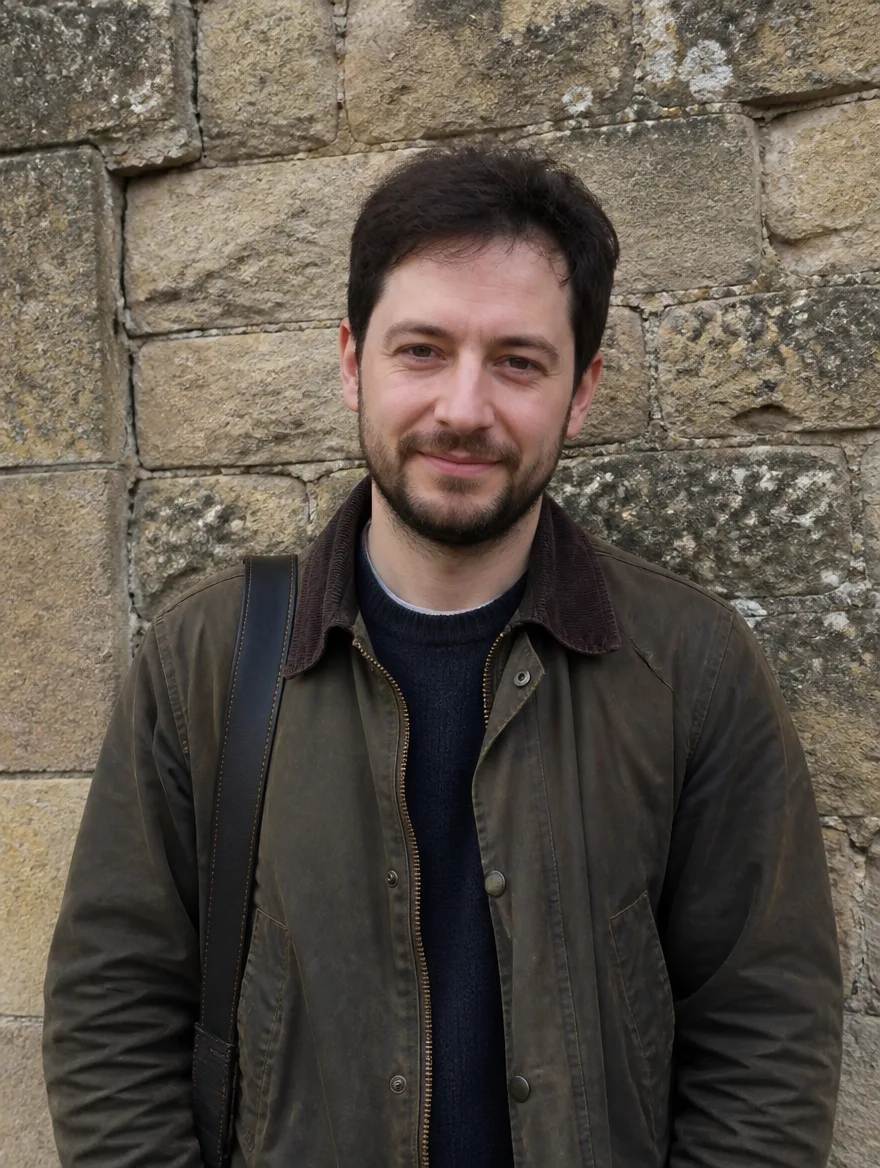 Sam Threadgold, in-house property photographer, a man in his late twenties with a short beard in a canvas jacket, photographed against a limestone wall