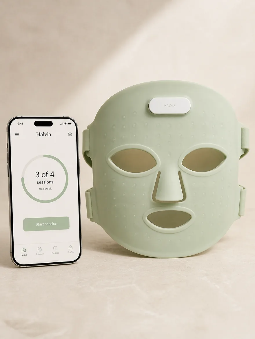 The Halvia app home screen beside the Lumen Mask