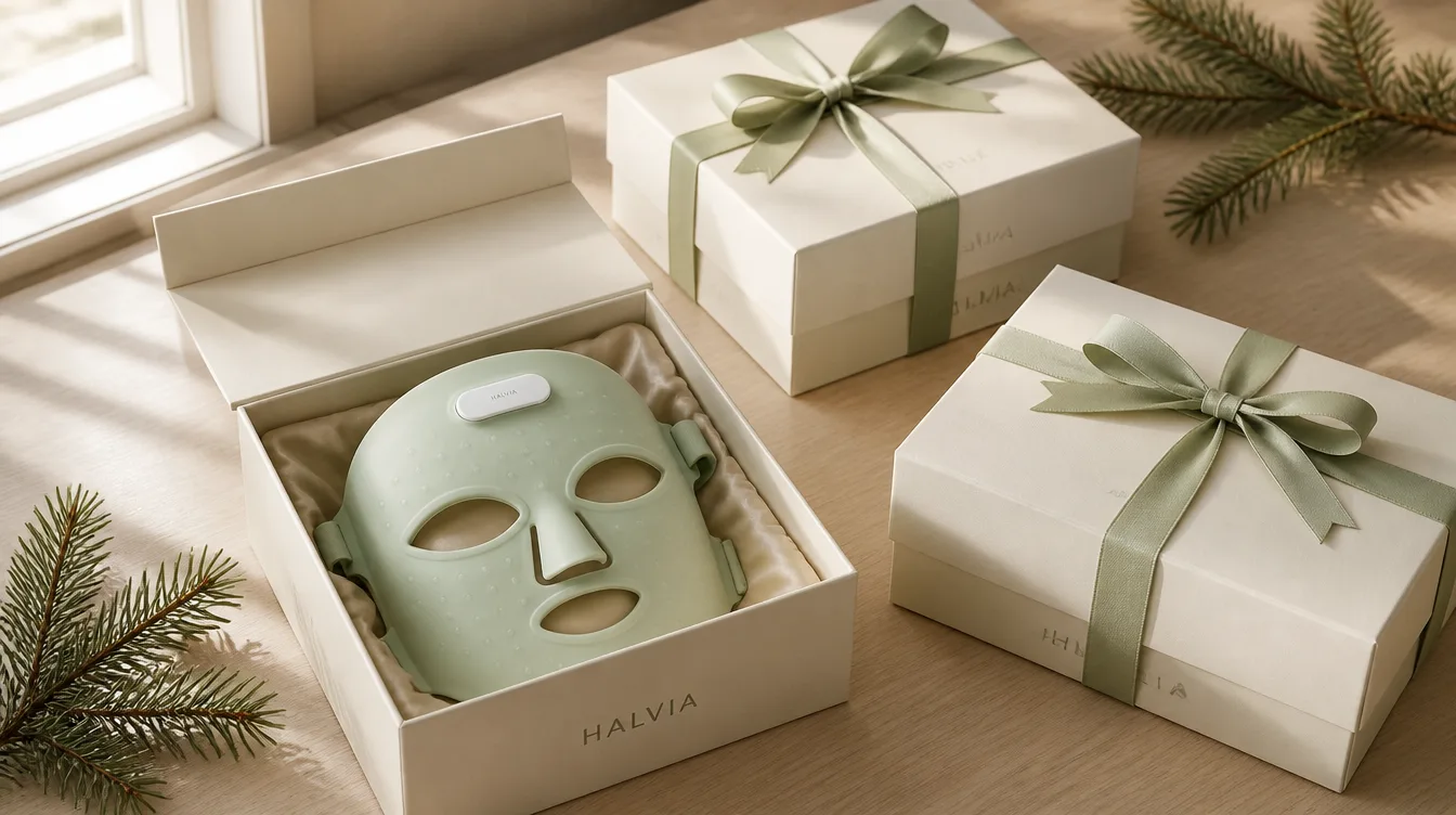 Three Halvia gift boxes wrapped with sage ribbon