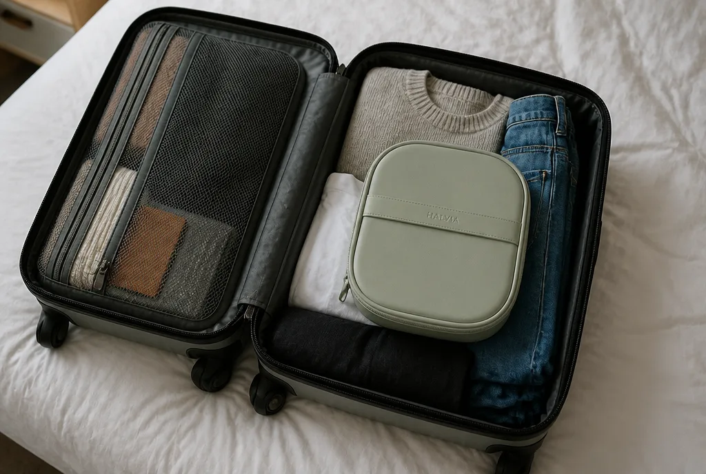 The Halvia Travel Case packed in a suitcase