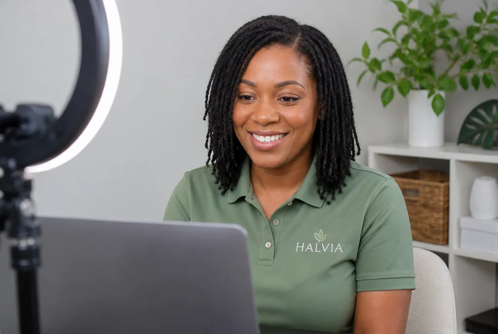 A Halvia esthetician smiling on a video call