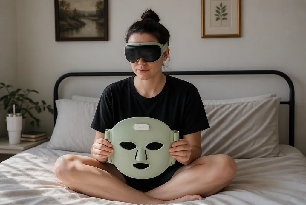A woman wearing blackout goggles before putting on her mask