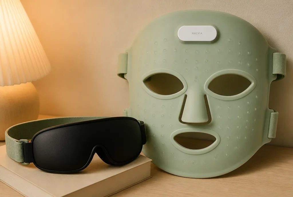 Blackout goggles resting on a book beside the Lumen Mask