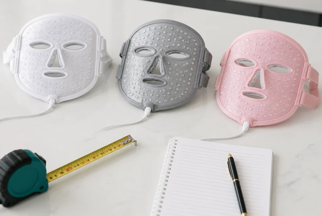 Three unbranded LED masks laid out for comparison