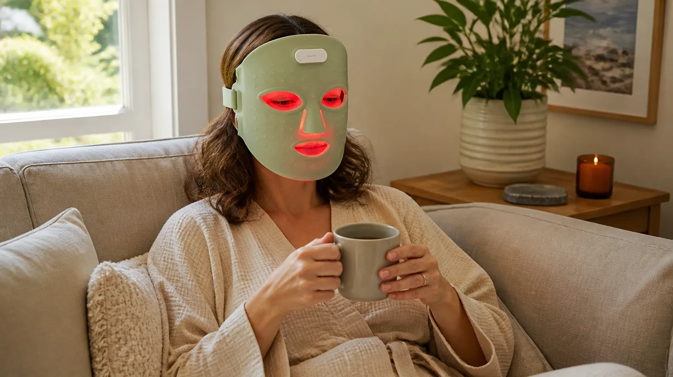 A woman relaxing on a sofa with tea, wearing the Halvia Lumen Mask glowing red