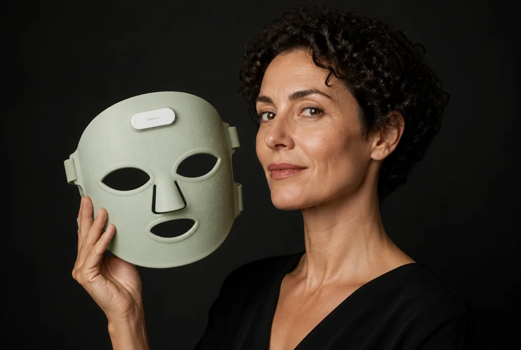 A woman holding the Halvia Lumen Mask beside her face against a dark background