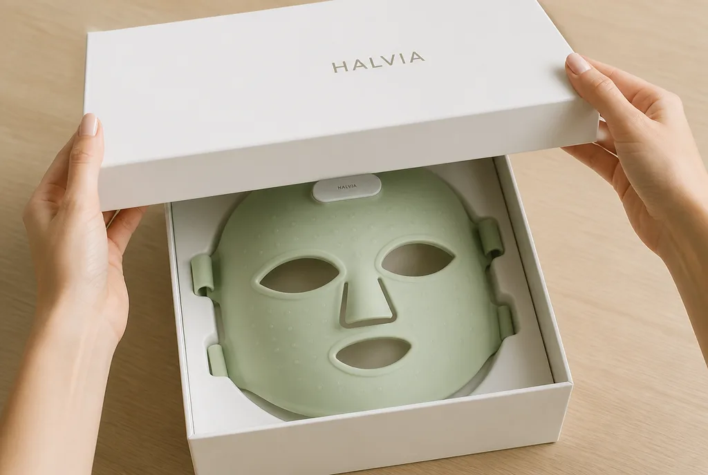 Hands lifting the lid of a Halvia gift box with the mask inside