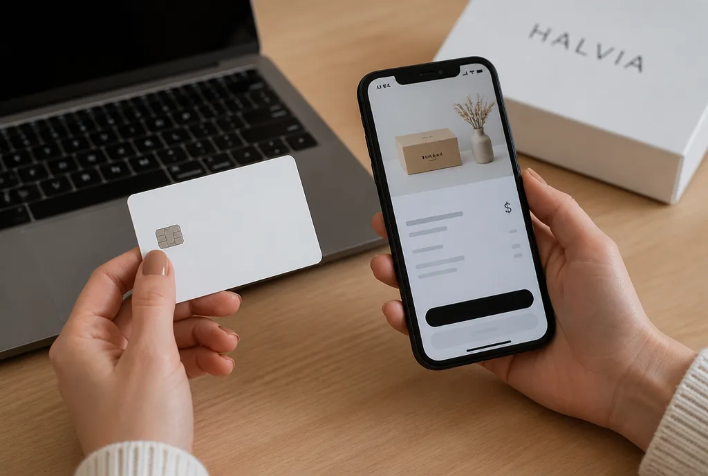 Hands holding a benefits card and a phone at checkout