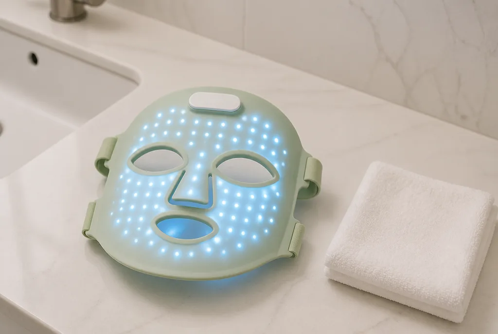 The Lumen Mask glowing blue on a bathroom counter